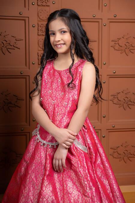 Shop Kirti Agarwal - Pret N Couture Pink Brocade, Jacquard Embroidery, Zari Motif Blouse And Lehenga Set Online at Aza Fashions Shop_Kirti Agarwal - Pret N Couture_Pink Brocade, Jacquard Embroidery, Zari Motif Blouse And Lehenga Set _Online_at_Aza_Fashions