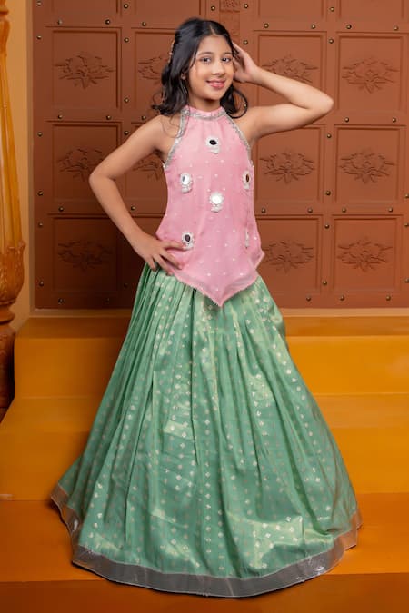 Kirti Agarwal - Pret N Couture Mirror Work Halter Neck Kurta & Woven Motif Lehenga Set 