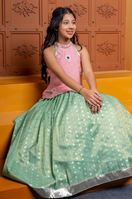 Kirti Agarwal - Pret N Couture Pink Silk, Organza Mirrors, Work Halter Neck Kurta And Woven Motif Lehenga Set Online at Aza Fashions Kirti Agarwal - Pret N Couture_Pink Silk, Organza Mirrors, Work Halter Neck Kurta And Woven Motif Lehenga Set _Online_at_Aza_Fashions