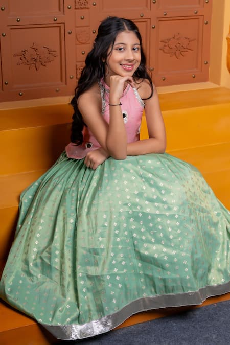 Shop Kirti Agarwal - Pret N Couture Pink Silk, Organza Mirrors, Work Halter Neck Kurta And Woven Motif Lehenga Set Online at Aza Fashions Shop_Kirti Agarwal - Pret N Couture_Pink Silk, Organza Mirrors, Work Halter Neck Kurta And Woven Motif Lehenga Set _Online_at_Aza_Fashions