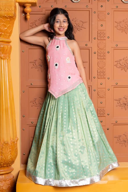 Kirti Agarwal - Pret N Couture Pink Silk, Organza Mirrors, Work Halter Neck Kurta And Woven Motif Lehenga Set at Aza Fashions Kirti Agarwal - Pret N Couture_Pink Silk, Organza Mirrors, Work Halter Neck Kurta And Woven Motif Lehenga Set _at_Aza_Fashions