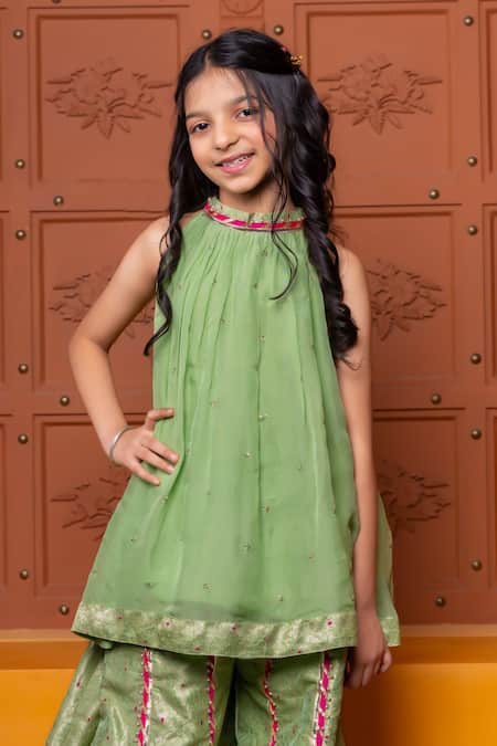 Kirti Agarwal - Pret N Couture Green Organza, Satin, Brocade Sequins, Zari, Lace Kurta And Sharara Set Online at Aza Fashions Kirti Agarwal - Pret N Couture_Green Organza, Satin, Brocade Sequins, Zari, Lace Kurta And Sharara Set _Online_at_Aza_Fashions