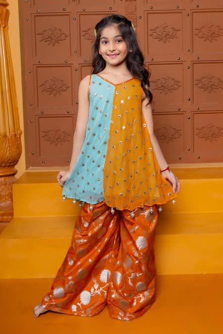 Buy Kirti Agarwal - Pret N Couture Blue Georgette, Brocade, Silk Embroidery, Tassels, Kurta And Sharara Set Online at Aza Fashions Buy_Kirti Agarwal - Pret N Couture_Blue Georgette, Brocade, Silk Embroidery, Tassels, Kurta And Sharara Set _Online_at_Aza_Fashions