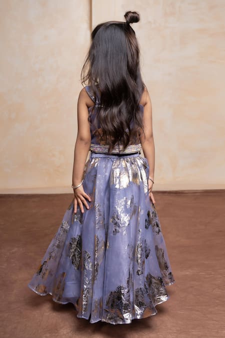 Shop_Kirti Agarwal - Pret N Couture_Lavender Organza Foil Printing Scalloped Hem Blouse And Lehenga Set _at_Aza_Fashions