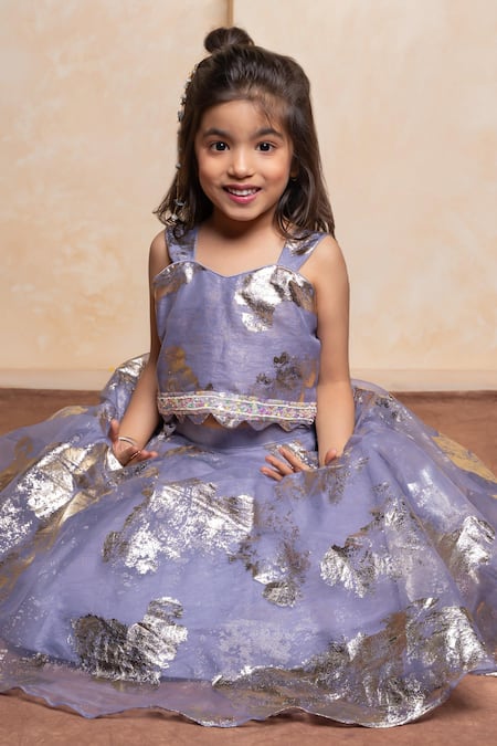 Shop_Kirti Agarwal - Pret N Couture_Lavender Organza Foil Printing Scalloped Hem Blouse And Lehenga Set _Online_at_Aza_Fashions