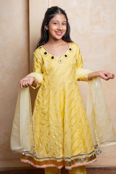 Shop Kirti Agarwal - Pret N Couture Yellow Organza, Viscose, Shantoon Mirrors, Embroidered Anarkali Kurta Set Online at Aza Fashions Shop_Kirti Agarwal - Pret N Couture_Yellow Organza, Viscose, Shantoon Mirrors, Embroidered Anarkali Kurta Set _Online_at_Aza_Fashions