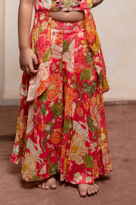 Kirti Agarwal - Pret N Couture_Red Chinon, Crepe, Brocade, Silk Embroidered Crop Kurta And Floral Palazzo Set _Online_at_Aza_Fashions