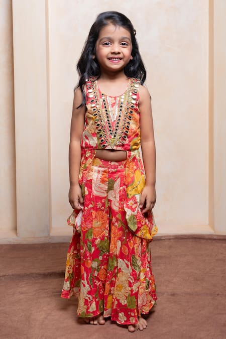 Buy_Kirti Agarwal - Pret N Couture_Red Chinon, Crepe, Brocade, Silk Embroidered Crop Kurta And Floral Palazzo Set _Online_at_Aza_Fashions