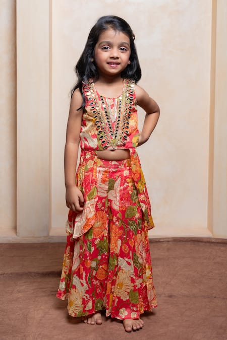 Shop_Kirti Agarwal - Pret N Couture_Red Chinon, Crepe, Brocade, Silk Embroidered Crop Kurta And Floral Palazzo Set _Online_at_Aza_Fashions