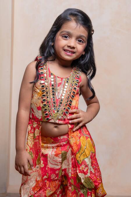 Kirti Agarwal - Pret N Couture_Red Chinon, Crepe, Brocade, Silk Embroidered Crop Kurta And Floral Palazzo Set _at_Aza_Fashions