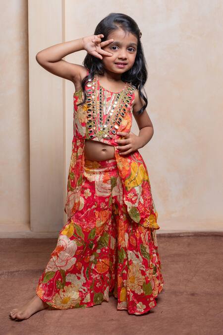 Buy_Kirti Agarwal - Pret N Couture_Red Chinon, Crepe, Brocade, Silk Embroidered Crop Kurta And Floral Palazzo Set 