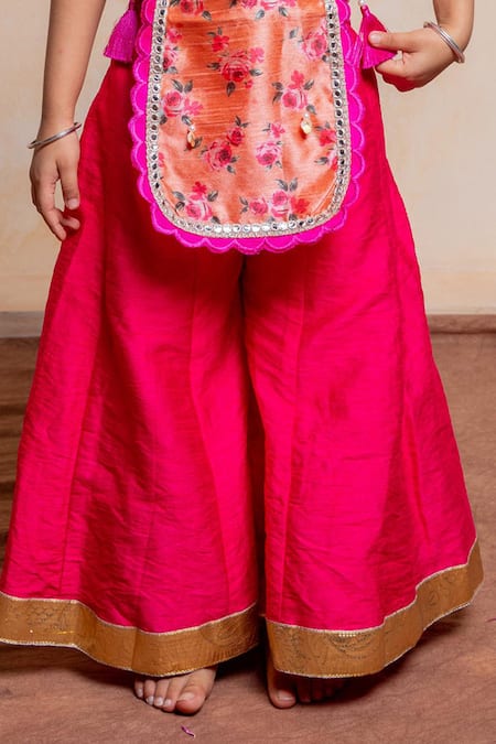 Kirti Agarwal - Pret N Couture Orange Silk Lace Floral Print Apron Style Kurta And Sharara Set Online at Aza Fashions Kirti Agarwal - Pret N Couture_Orange Silk Lace Floral Print Apron Style Kurta And Sharara Set _Online_at_Aza_Fashions