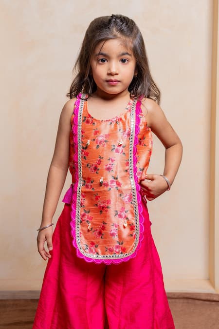 Buy Kirti Agarwal - Pret N Couture Orange Silk Lace Floral Print Apron Style Kurta And Sharara Set Online at Aza Fashions Buy_Kirti Agarwal - Pret N Couture_Orange Silk Lace Floral Print Apron Style Kurta And Sharara Set _Online_at_Aza_Fashions