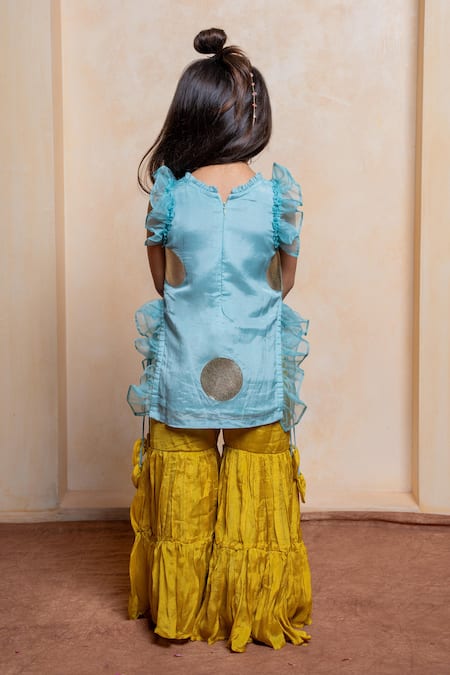 Shop_Kirti Agarwal - Pret N Couture_Blue Crepe, Chinon Polka Motif Ruffled Kurta And Tiered Sharara Set _at_Aza_Fashions