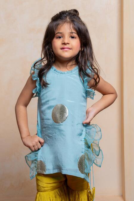 Kirti Agarwal - Pret N Couture_Blue Crepe, Chinon Polka Motif Ruffled Kurta And Tiered Sharara Set _Online_at_Aza_Fashions