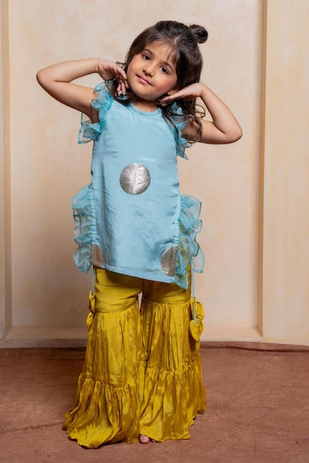 Buy_Kirti Agarwal - Pret N Couture_Blue Crepe, Chinon Polka Motif Ruffled Kurta And Tiered Sharara Set _Online_at_Aza_Fashions