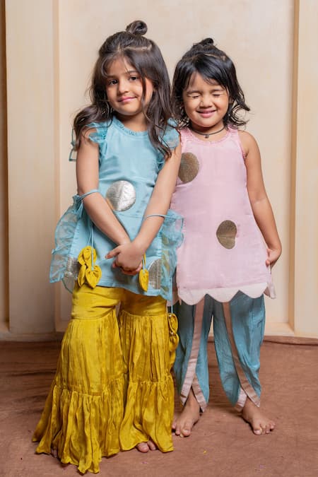 Kirti Agarwal - Pret N Couture_Blue Crepe, Chinon Polka Motif Ruffled Kurta And Tiered Sharara Set _at_Aza_Fashions