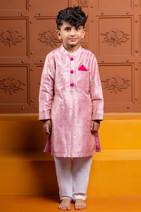 Buy_Kirti Agarwal - Pret N Couture_Pink Brocade, Silk, Cotton Zari Woven Kurta Set _Online_at_Aza_Fashions