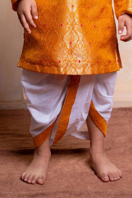 Kirti Agarwal - Pret N Couture_Orange Brocade, Cotton Zari, Embroidery Woven Kurta And Dhoti Pant Set _Online_at_Aza_Fashions