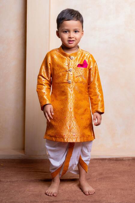 Shop_Kirti Agarwal - Pret N Couture_Orange Brocade, Cotton Zari, Embroidery Woven Kurta And Dhoti Pant Set _Online_at_Aza_Fashions