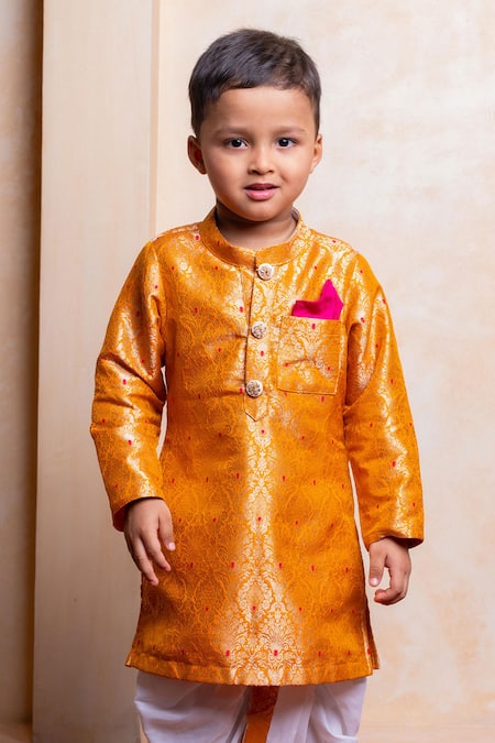 Kirti Agarwal - Pret N Couture_Orange Brocade, Cotton Zari, Embroidery Woven Kurta And Dhoti Pant Set _at_Aza_Fashions