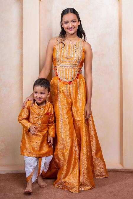 Buy_Kirti Agarwal - Pret N Couture_Orange Brocade, Cotton Zari, Embroidery Woven Kurta And Dhoti Pant Set 