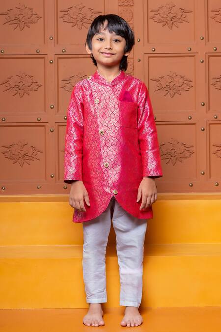 Buy_Kirti Agarwal - Pret N Couture_Pink Brocade, Silk, Cotton Zari Geometric Kurta And Churidar Set _Online_at_Aza_Fashions