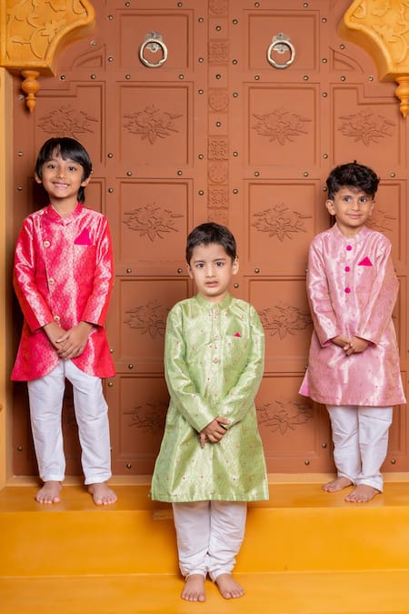 Shop_Kirti Agarwal - Pret N Couture_Pink Brocade, Silk, Cotton Zari Geometric Kurta And Churidar Set _Online_at_Aza_Fashions