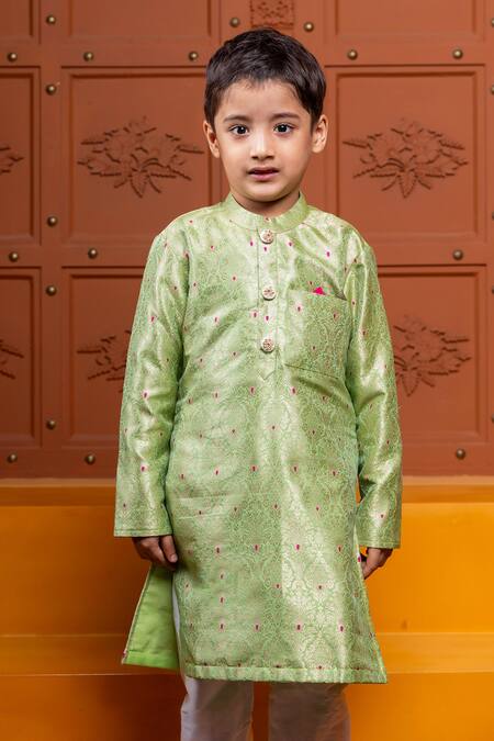 Kirti Agarwal - Pret N Couture_Green Brocade, Silk, Cotton Embroidery, Metallic Woven Motif Kurta Pyjama Set _Online_at_Aza_Fashions