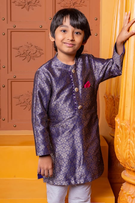 Shop_Kirti Agarwal - Pret N Couture_Purple Brocade, Silk, Cotton Zari Geometric Kurta Pyjama Set _Online_at_Aza_Fashions