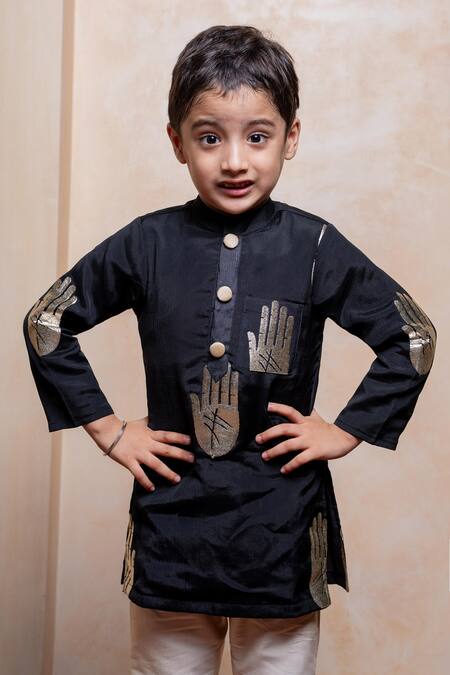 Kirti Agarwal - Pret N Couture Black Crepe, Cotton, Silk, Chinon Embroidery Hand Motif Kurta Pyjama Set Online at Aza Fashions Kirti Agarwal - Pret N Couture_Black Crepe, Cotton, Silk, Chinon Embroidery Hand Motif Kurta Pyjama Set _Online_at_Aza_Fashions