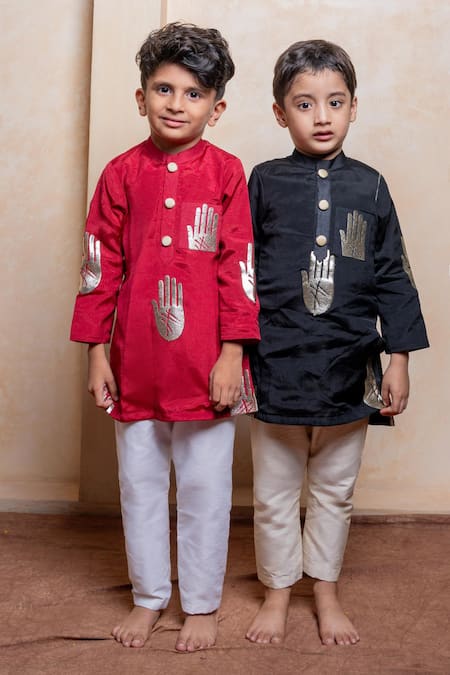 Buy_Kirti Agarwal - Pret N Couture_Red Crepe, Chinon, Cotton, Silk Embroidery Hand Motif Kurta Pyjama Set _Online_at_Aza_Fashions