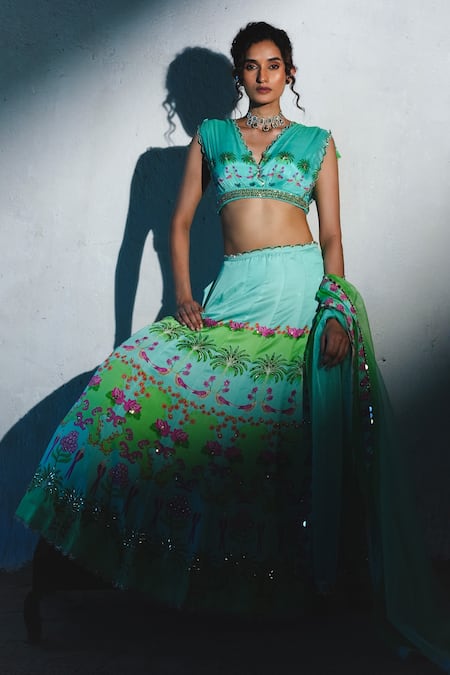 Basil Leaf_Aqua Linen, Satin, Chiffon, Organza Embroidery, Sequins, Printed Lehenga Set _Online_at_Aza_Fashions