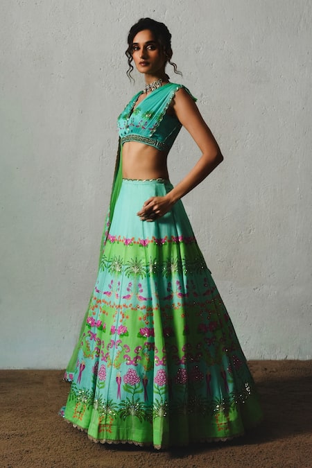 Buy_Basil Leaf_Aqua Linen, Satin, Chiffon, Organza Embroidery, Sequins, Printed Lehenga Set _Online_at_Aza_Fashions