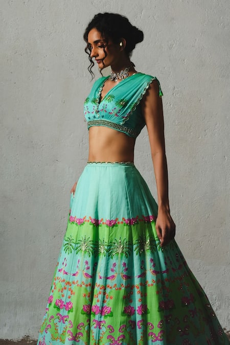 Shop_Basil Leaf_Aqua Linen, Satin, Chiffon, Organza Embroidery, Sequins, Printed Lehenga Set _Online_at_Aza_Fashions
