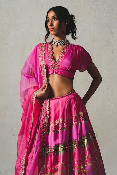 Basil Leaf_Pink Linen, Satin, Organza Sequins, Embroidery, Zari V-neck, Printed Lehenga Set _Online_at_Aza_Fashions