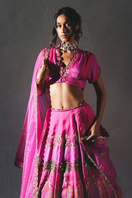 Buy_Basil Leaf_Pink Linen, Satin, Organza Sequins, Embroidery, Zari V-neck, Printed Lehenga Set _Online_at_Aza_Fashions