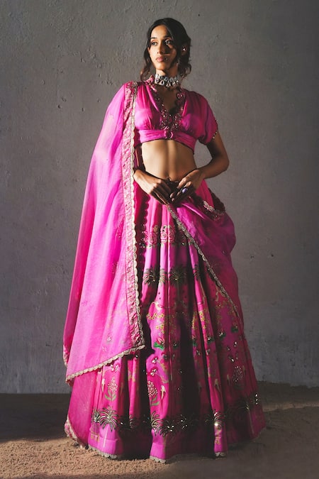 Shop_Basil Leaf_Pink Linen, Satin, Organza Sequins, Embroidery, Zari V-neck, Printed Lehenga Set _Online_at_Aza_Fashions