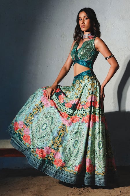 Basil Leaf_Green Tussar, Organza Sequins, Embroidery Bottlegreen Printed Lehenga Set _Online_at_Aza_Fashions