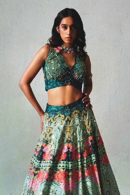 Buy_Basil Leaf_Green Tussar, Organza Sequins, Embroidery Bottlegreen Printed Lehenga Set _Online_at_Aza_Fashions