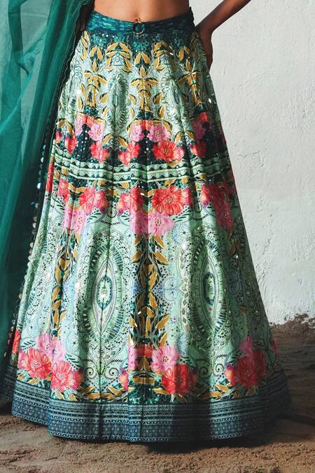 Shop_Basil Leaf_Green Tussar, Organza Sequins, Embroidery Bottlegreen Printed Lehenga Set _Online_at_Aza_Fashions
