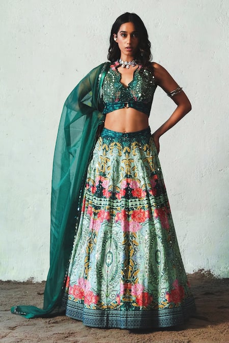 Basil Leaf Bottlegreen Printed Lehenga Set 