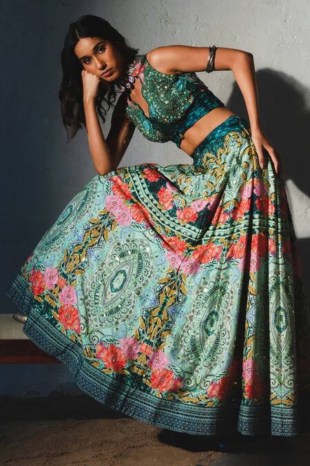 Basil Leaf_Green Tussar, Organza Sequins, Embroidery Bottlegreen Printed Lehenga Set _at_Aza_Fashions