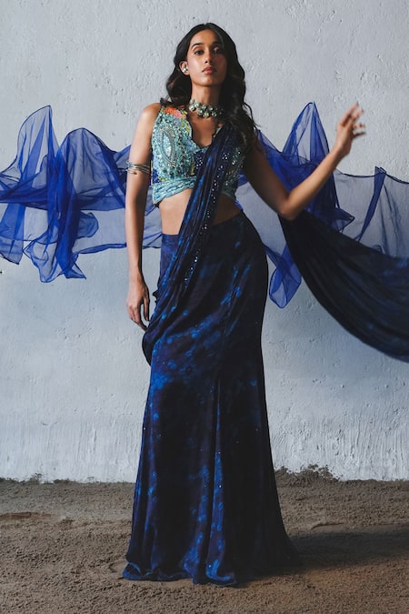 Basil Leaf Tonal Printed Pre-Draped Saree With Blouse 