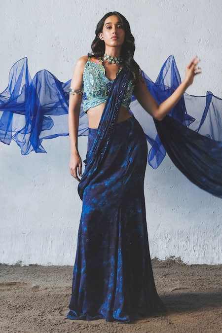 Shop_Basil Leaf_Blue Chiffon Sequins, Beads, Tonal Printed Pre-draped Saree With Blouse _Online_at_Aza_Fashions