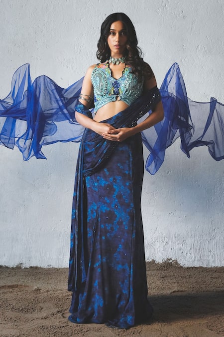 Basil Leaf_Blue Chiffon Sequins, Beads, Tonal Printed Pre-draped Saree With Blouse _at_Aza_Fashions