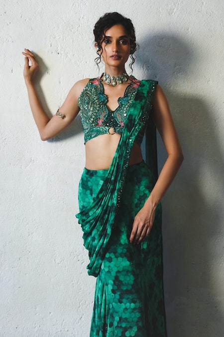 Basil Leaf_Green Chiffon Embroidery, Sequins Tonal Print Pre-draped Saree With Blouse _Online_at_Aza_Fashions