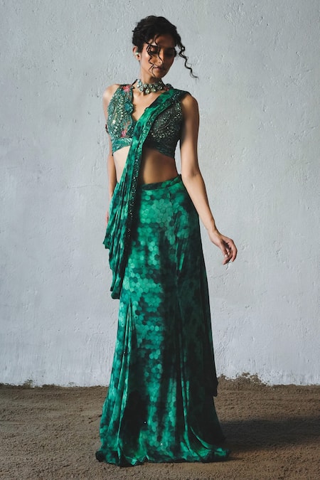 Basil Leaf Tonal Print Pre-Draped Saree With Blouse 
