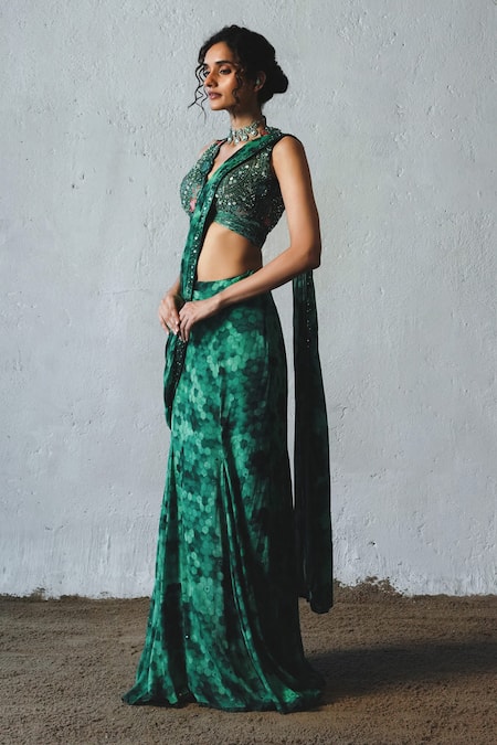 Buy_Basil Leaf_Green Chiffon Embroidery, Sequins Tonal Print Pre-draped Saree With Blouse _Online_at_Aza_Fashions