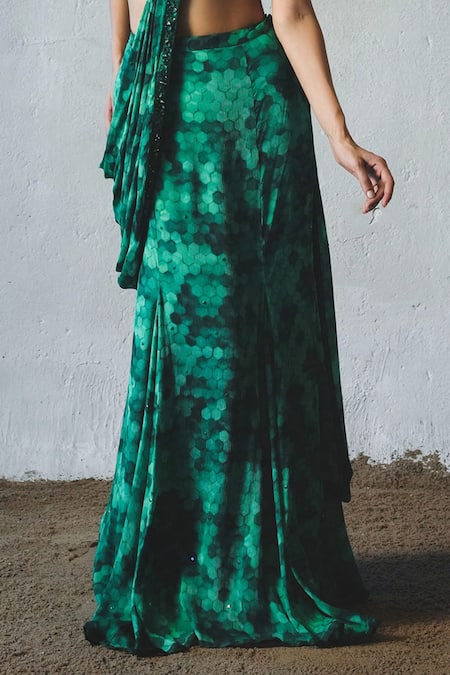 Shop_Basil Leaf_Green Chiffon Embroidery, Sequins Tonal Print Pre-draped Saree With Blouse _Online_at_Aza_Fashions